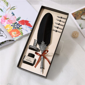 European Style Retro Feather Pen With 5 Metal Nib Dip, Ink Quill in gift box