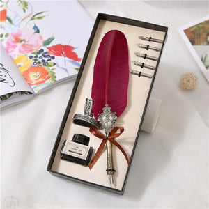 European Style Retro Feather Pen With 5 Metal Nib Dip, Ink Quill in gift box